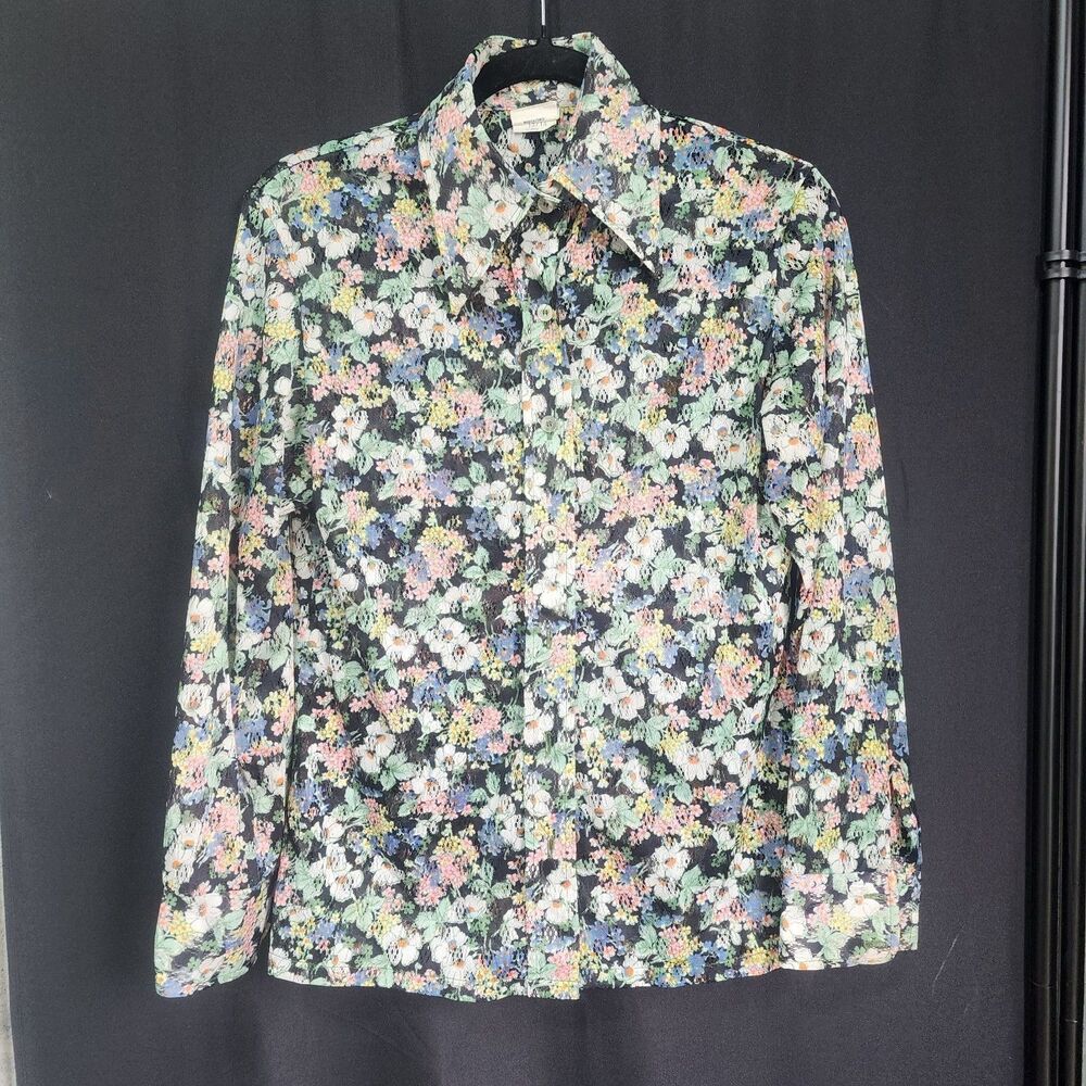 Vtg Lorisa Sheer Blouse Black Multi-Color Floral Print 1970s Button Up Top